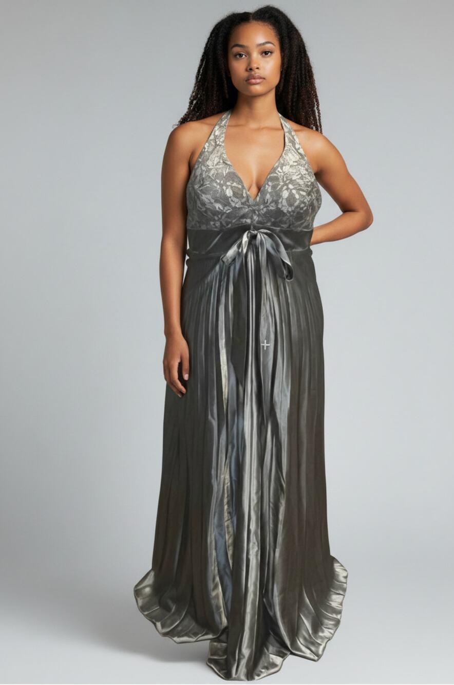 GORGEOUS Women's Elegant Silver Halter Lace Bodice Satin Evening Gown Size 38